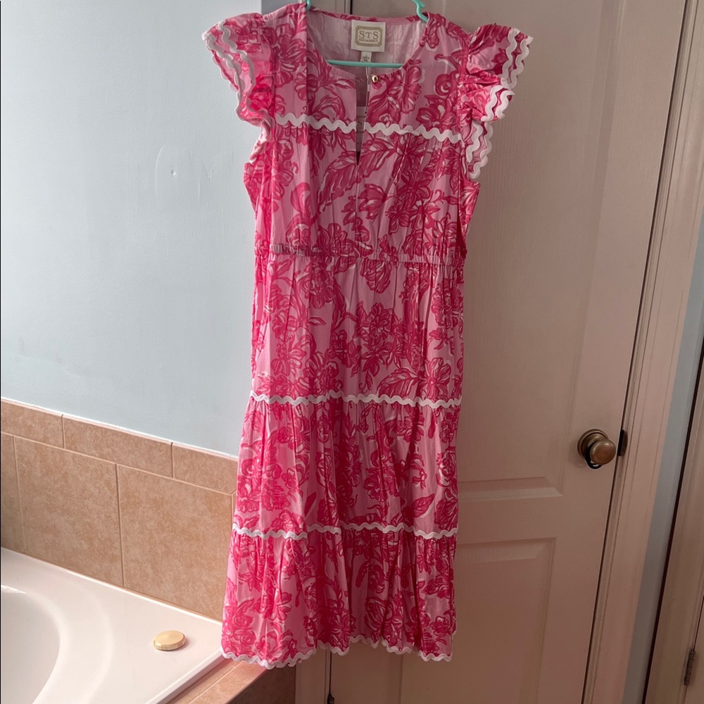 Sail to Sable Pink Floral Tiered Midi Dress with Ruffle Sleeves